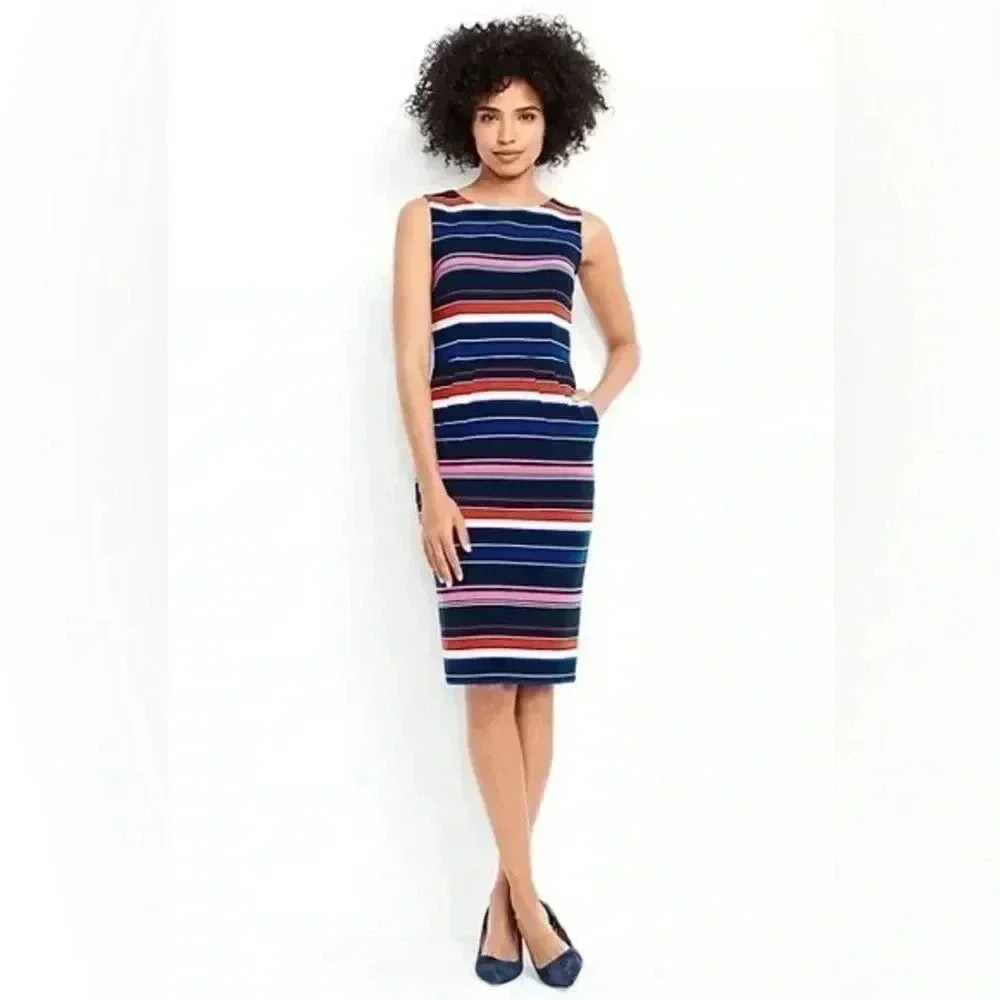 Lands End Sleeveless Ponte Sheath Midi Dress Aurora Ribbed Stripe Size 10 Petite